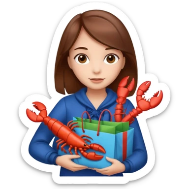 Cute girl brown hair holding gift bag with lobster inside sticker