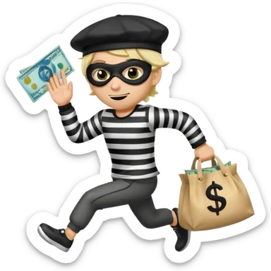 running emoji of a classic burglar, a black eye mask (looks like a blindfold) and a black-and-white striped shirt. emoji-like hair, black hat, ONE bag of money 💰 with a dollar sign in a hand sticker