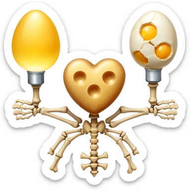 Aged cheese, egg yolk, natto, and chicken liver emitting golden key-shaped lights that direct calcium particles toward bones and away from arteries. The skeleton glows where the calcium is properly deposited, while a heart remains clear and healthy, showing vitamin K2's dual role. sticker