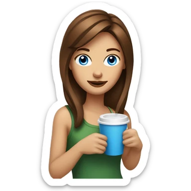 A brown-haired woman with blue eyes drinks coffee from a straw sticker