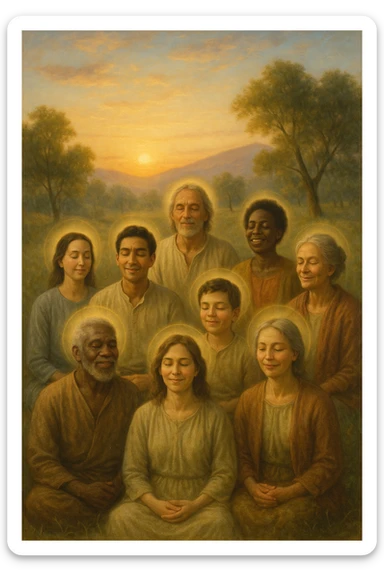 a diverse group of people of different ages and backgrounds sit together in a peaceful natural setting at sunrise, each with serene, joyful expressions. Subtle auras or soft light halos surround them, symbolizing spiritual awakening and inner harmony. The background features gentle hills, trees, and a glowing sky, evoking unity and connection. realistica italiano sticker
