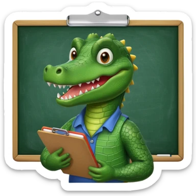 A 1960s style image of a gator with a clipboard and a pencil in front of a chalkboard sticker
