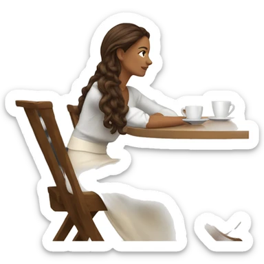 Side view realistic posh brown haired woman sits at the coffee table sticker