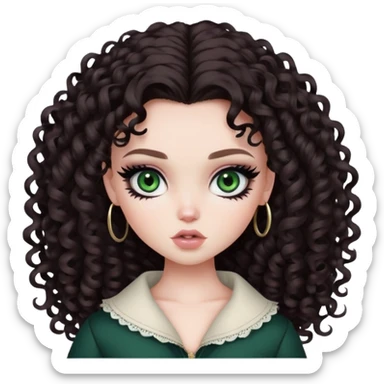 curly long dark brown hair, pale skin, dark green eyes, pretty bratz baddie, black eyeliner, blush sticker