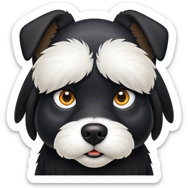 A black dog with a white fly  sticker