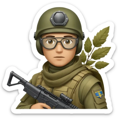 Ukrainian Intelligance agency warrior man in Ferro concept platecarrier with CZ BREN 2 riffle in helmet TOR-D, balaclava, poncho with leafs and ballistic assult glasses sticker
