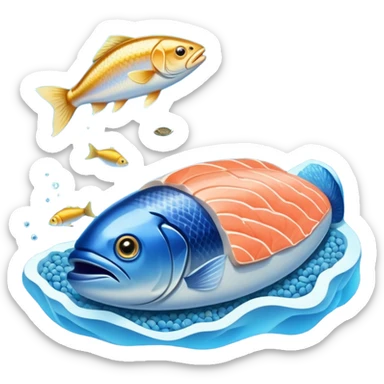 Golden omega-3 capsule floating in blue liquid currents, with salmon fillets, walnuts, chia seeds, and flaxseeds orbiting alongside an ethereal fish near a radiant brain. Blue waves expand from the brain, showing the mental clarity and emotional benefits of omega-3 rich foods. sticker