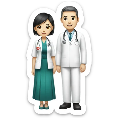 A Chinese girl in QiPao dress   saying thank you to a male doctor in white Dr uniform sticker