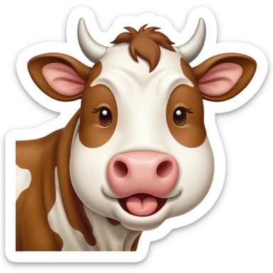 Cinematic Cute Yawning Brown and White Cow Portrait Emoji, Head tilted slightly with a dramatic, wide-open yawn, showcasing a smooth, patterned hide of brown and white, floppy ears slightly drooping, round brown eyes barely open in drowsy contentment, Simplified yet irresistibly adorable features, highly detailed, glowing with a soft, cozy glow, high shine, relaxed yet expressive, stylized with a touch of pastoral whimsy, bright and endearing, soft glowing outline, capturing the essence of a sleepy yet affectionate cow, so drowsy it feels like it could amble out of the screen and curl up for a nap! sticker