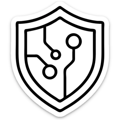 modern security shield icon, clean geometric shield shape, subtle circuit board patterns or connection nodes integrated, pure black outline only, no color fill, suitable for favicon and app icon, represents IT security and reliability in social care sticker