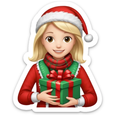 a girl wearing a chirstmas jacket and scarf and holding a christmas gift sticker