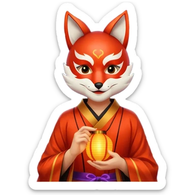 kitsune mask, worn by a festival performer at night, paper lanterns in background, colorful bokeh lights sticker
