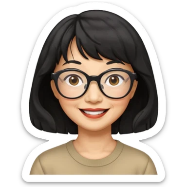 asian woman, 60 yr old, black wavy hair with bangs, big glasses  sticker