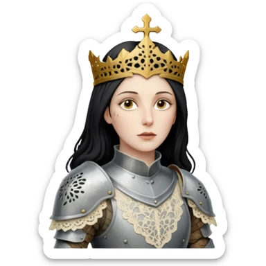 realistic cinematic actress Cher in Victorian lace styling like Joan of Arc dirty damaged armor in a forest sticker