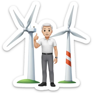 an older white man with grey hair and a white shirt and black pants doing a thumbs up pose, standing next to a silver wind turbine sticker