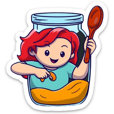 redhead woman with big smile taking some jam with a spoon from glass jar sticker