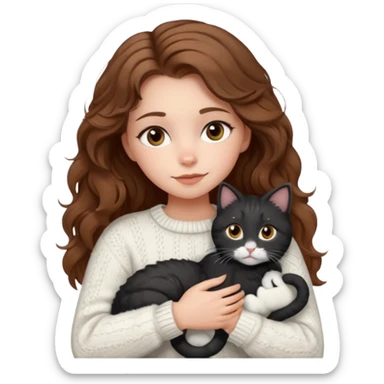 A pretty white girl with hazel brown eyes and brown wavy hair in a cosy white knit sweater, hugging a black and white cat sticker