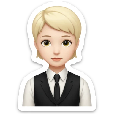 pale girl who has very short hair, formal wear with black tie and a vest sticker