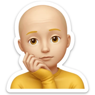 a 3D rendered yellow round face emoji with a thoughtful expression, one hand touching the chin in a pondering pose, no hair, smooth glossy surface, realistic shading and soft studio lighting, subtle reflections for depth, clean white background, high-quality digital render sticker