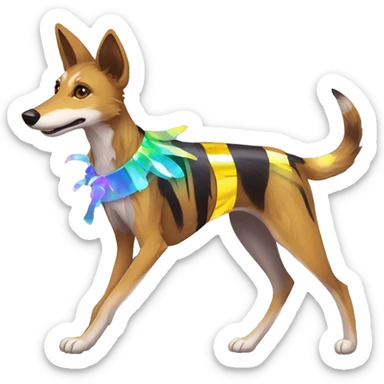  brindle brown black maroon striped lurcher Alsatian fox running blue eyes and iridescent holographic oilslick harness wearing paper iridescent tropical flower crown yellow caution tape sticker