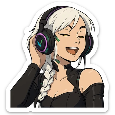 she is listening to music in headphones and JAMMIN!, a closeup portrait of young woman with gold yellow eyes, white hair, long braid, black off-shoulder top d-cup, punk gothic style, futuristic cyberwave cyberpunk,  sticker