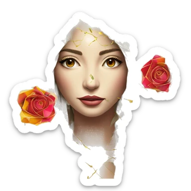  Hemp 420 lady face melting gold drizzle kintsugi multicoloured funky palm leaves tropical made of 420 origami newspaper roses hemp leaves lantern fairy lights paper and hemp leaves in hair sticker