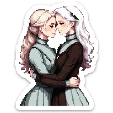 Two Victorian women with light eyes, one with bright pure white coiffed hair and one with dark copper coiffed hair, wearing Victorian turtleneck dresses, embracing tightly in an extremely sad, intimate hug sticker