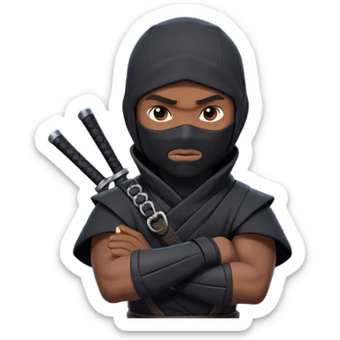 clash-of-clans-aesthetic_-cinematic-mysterious-male-ninja-portrait-emoji, rendered in a flat, vector-style with minimal shading and bold, simplified shapes, his arm is stretched out  with a head slightly turned revealing intense, focused eyes. the ninja has his arm out and perched on top of his forearm is  a black crow sticker