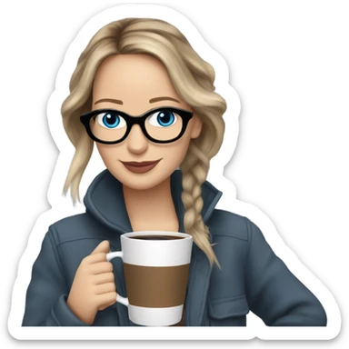 Photo of Brunette Jennifer Lawrence wearing black glasses and blue eyes drinking hot coffee  sticker