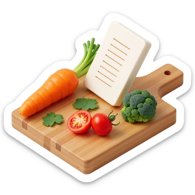 carrot tomato brocoli on the wooden cutting board with floating list  sticker