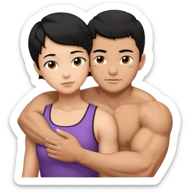 buff Asian Man black hair hugging girl with black pixie cut  sticker