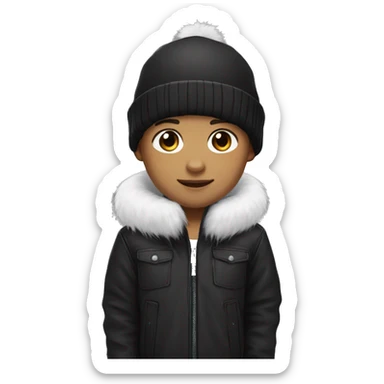 Mixed race boy with ponytail wearing beanie and wearing a black jacket with a white fur trim with hazel eyes sticker