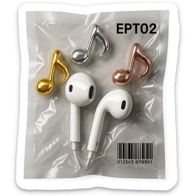 pair of white EarPods with three floating glass music notes in gold, silver, and rose gold, shiny and puffy sticker