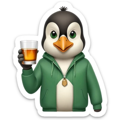 head and shoulders portrait of a friendly anthropomorphised penguin wearing a green mafia-style tracksuit, angry confident scheming expression, holding a glass of whiskey sticker