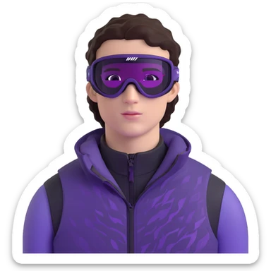 close-up of male athlete with white skin and moderately curly dark brown hair on top with shaved sides, wearing ski goggles with purple frames and very dark black lenses, a simple plain black chain necklace, and a completely unzipped sleeveless vest with purple and black sequin fire pattern design with no logo, frame centered on face and upper chest sticker