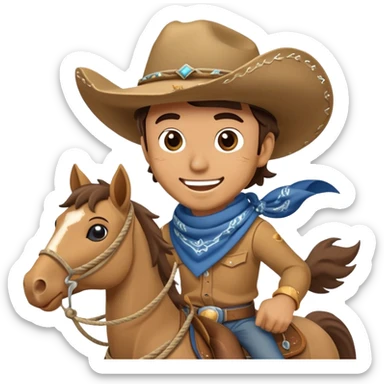clash-of-clans-aesthetic_-cinematic-playful-cowboy-portrait-emoji, head-tilted with a roguish, cheeky grin and twinkling eyes, featuring a rugged, spirited build with a wide-brimmed cowboy hat and a rugged bandana, tan skin-tone, riding a galloping horse with reins in one hand and a lasso in the other, dust trailing behind. sticker