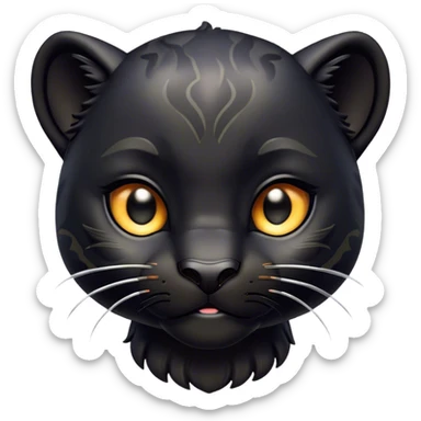 Cinematic Cute black Panther Portrait Emoji, Head tilted playfully and inquisitively, with a smooth, streamlined form accentuated by a subtle sheen and round, sparkling eyes filled with charm, Simplified yet irresistibly adorable features, highly detailed, glowing with a warm, inviting glow, high shine, affectionate and lively, stylized with a touch of whimsical mystery, bright and endearing, soft glowing outline, capturing the essence of a mischievous yet loving black Panther that seems as if it could pounce out of the screen into your arms! sticker