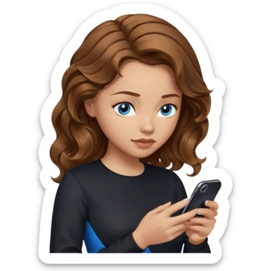 generate a pretty woman with blue eyes, light skin and medium brown long wavyshiny hair holding a phone she is looking at the phone while looking down at the screen. she is wearing an ALL black long sleeve sticker