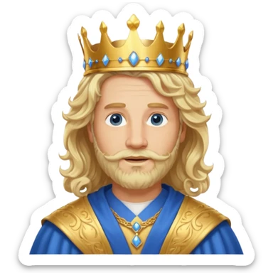 1 Middle-aged white king, 40 years old, blond hair, blond beard, long curly hair, blue eyes, kind and benevolent vibe, gentle smile, wearing a crown and blue robe emoji sticker