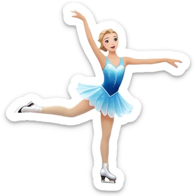 An icon featuring a shimmering rink, colorful spotlights, snowflakes gently falling from the sky, and an audience in the stands, with a snowy landscape visible through large windows with a graceful figure skater performing a spin on a sparkling ice rink. Transparent background. sticker