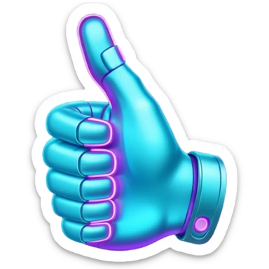 futuristic glowing thumbs up, neon purple and cyan light, dark background, digital tech style sticker