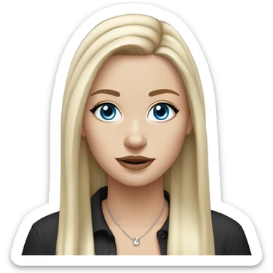White girl with blonde hair and blue eyes and black long eyelashes with a silver hoop nose piercing and long straight hair with blonde highlights and wearing a black shirt sticker