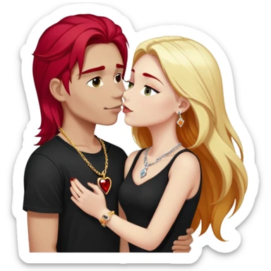 close-up of young couple kissing, girl with long cherry red hair and blonde eyebrows, gold A necklace, diamond ring, red bracelet, boy with stark white hair, silver ring with black stone, dark t-shirt sticker
