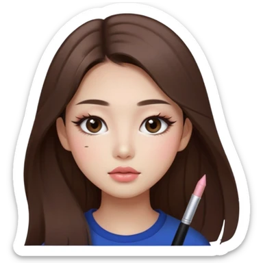 “korean straight long brown hair Emoji girl, soft eyeliner and blush, gradient lips, light brown shimmer eyeshadow sticker