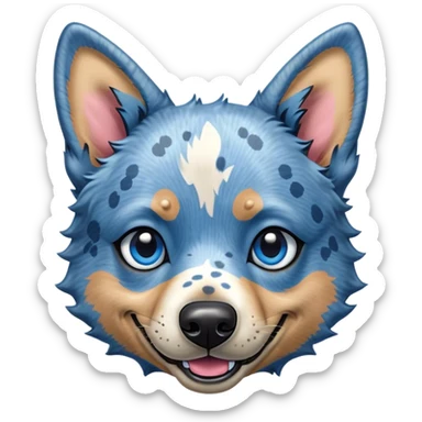 Cinematic Comical Blue Speckle Australian Cattle Dog Portrait Emoji, Head tilted dramatically with an exaggeratedly amused expression, featuring a striking blue speckle Fur with bold patterns, wide, expressive blue eyes filled with playful disbelief, Simplified yet hilariously expressive features, highly detailed, glowing with a slightly sassy glow, high shine, dramatic yet playful, stylized with an air of cheeky charm, bright and endearing, soft glowing outline, capturing the essence of a spirited and over-the-top herder, so meme-worthy it feels like it could side-eye its way into internet fame instantly! sticker