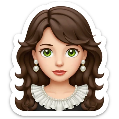 apple style emoji of a coquette girl with midi dark brown slightly wavy hair, bright skin, greenish hazel eyes, small cute lips, wearing a frilly blouse and pearl earrings sticker