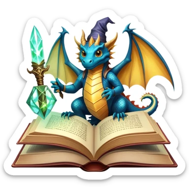 Icon for Fantasy and Sci-Fi Literature: a magical book with glowing pages, surrounded by a dragon, a spaceship, and a wizard with a staff. The icon should capture the adventurous and imaginative world of fantasy and science fiction. Transparent background. sticker