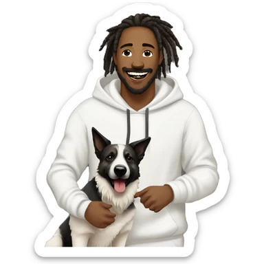 man with dreadlocks, mustache and goatee expressing joy dressed in a white hoodie alongside a dark brindle colored german shepherd dog sticker
