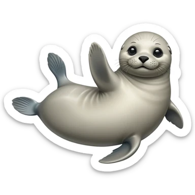 cinematic-seal-realistic-full-body-lounging-emoji,-sleek-body-stretched,-short-smooth-fur-glinting-in-the-sea-breeze,-flippers-tucked-comfortably-beneath-its-body,-large-dark-eyes-filled-with-playful-curiosity sticker