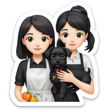pale smiling girl with long back hair wearing black long shirt wearing apron holding black  schnauzer sticker